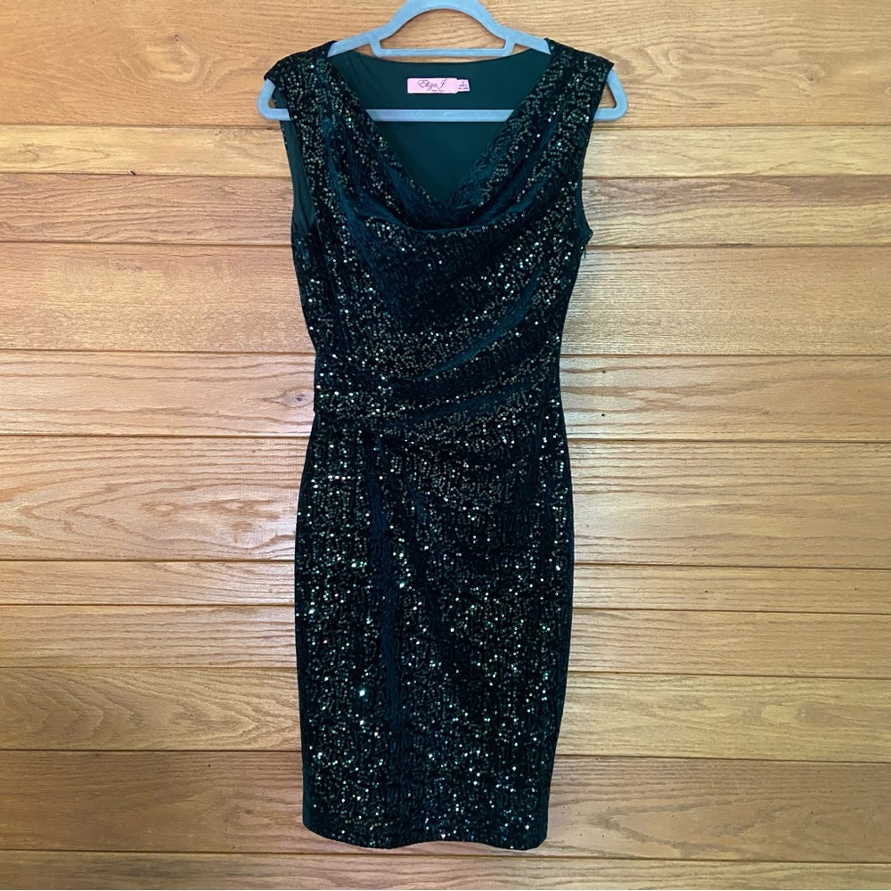 Eliza J green velvet sequin ruched dress